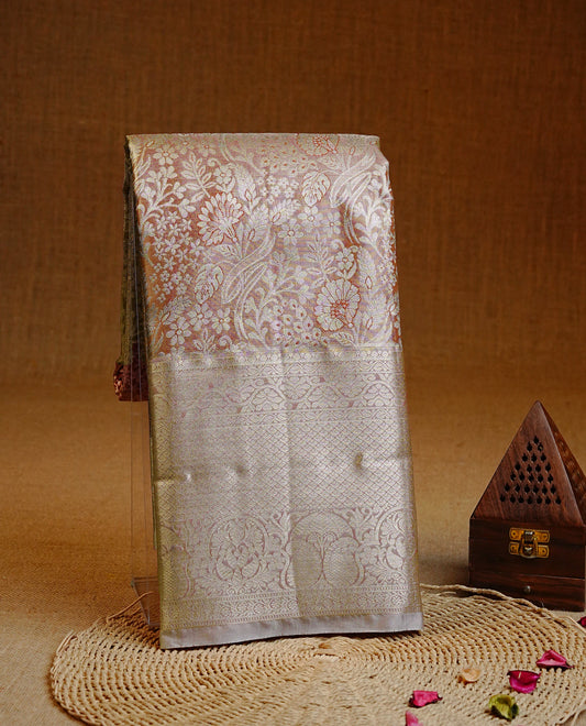 Red & Gold Double shade Semi Tissue Silk saree featuring Light gold Kodi pattern on body, complemented by Contrast Pink with gold zari border, paired with matching blouse piece.