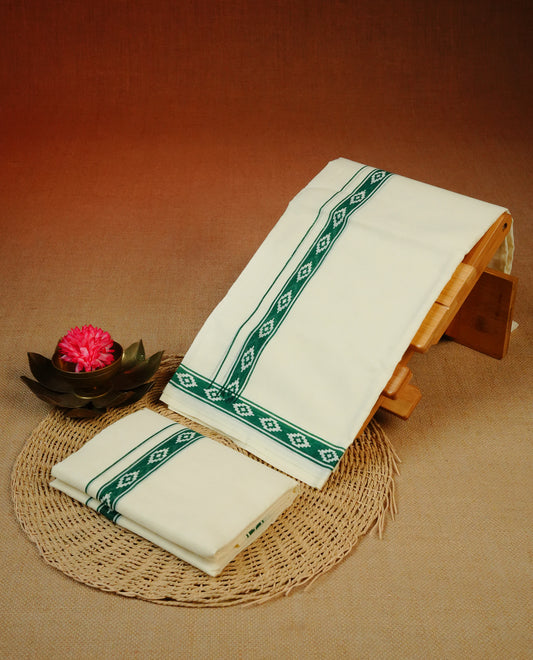 Cream colour cotton Set Mundu With Plain body, enhanced with Green colour design printed kara.