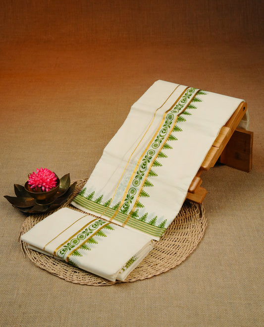 Cream colour Cotton set mundu With plain body, enhance gold zari with Olive colour design Print kara.