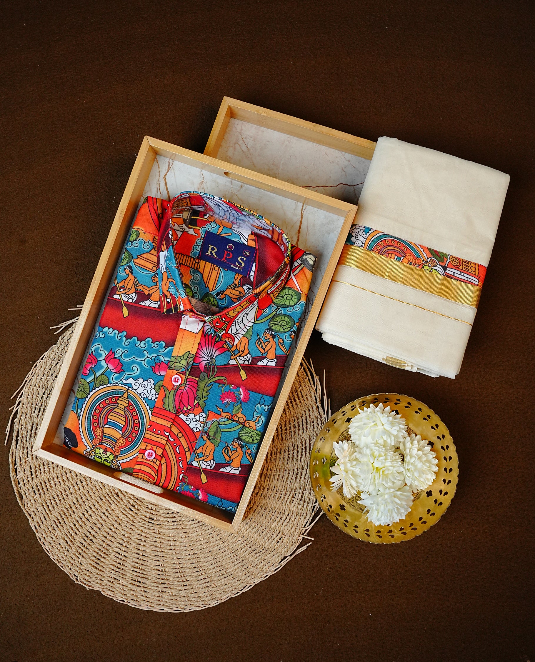 Kerala Art Form Printed Full-Sleeve Shirt, Paired with a Cotton Double Dhoti Featuring Matching Prints.