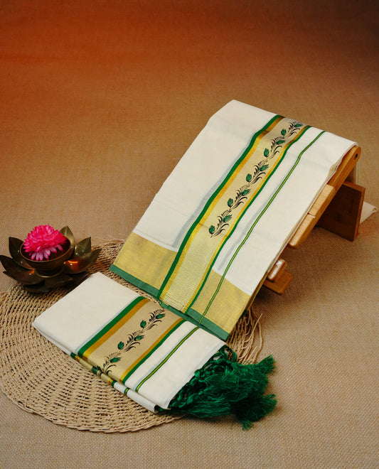 Cream colour cotton set mundu featuring Green & gold kara with print.