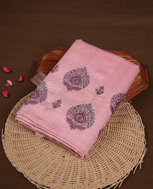 Baby Pink colour semi tusser silk saree featuring Floral thread embroidery across body, without border and paired with matching blouse.