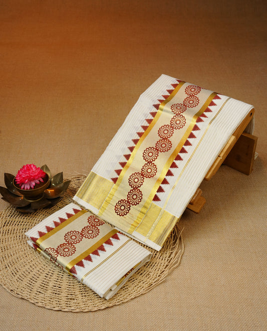 Cream colour cotton set mundu featuring Gold zari strip on body, kasav with printed kara.