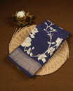 Dark blue colour Viscos semi printed saree featuring a light golden zari border, abstract Off white printed motifs on the body, and comes with a matching blouse
