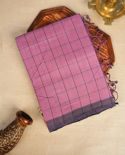 Lavender Colour Mangalagiri Cotton Saree Featuring Purple Checks On Body , Complemented By Contrast Colour Border & Striped  Pallu, Paired With A Matching Blouse Piece.