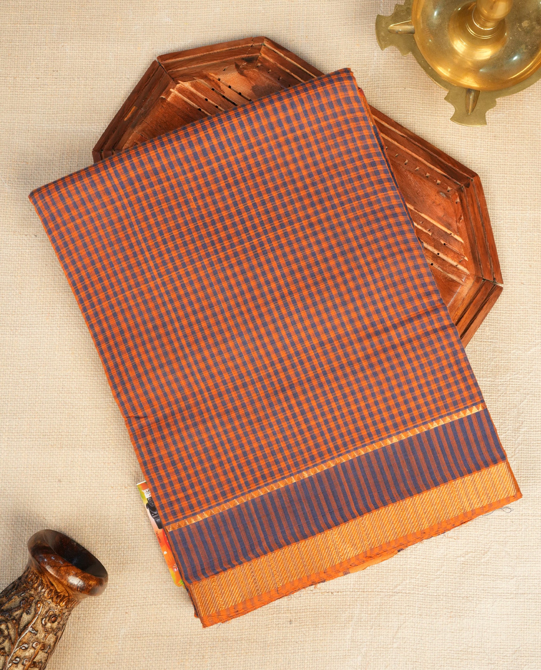 Light Brown  Colour Mangalagiri cotton saree featuring elegant Blue Checks  Across The Body , a Two Inch Gold  zari border & Gold Zari Pallu, Paired With a matching blouse piece.