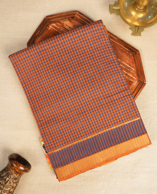 Light Brown  Colour Mangalagiri cotton saree featuring elegant Blue Checks  Across The Body , a Two Inch Gold  zari border & Gold Zari Pallu, Paired With a matching blouse piece.