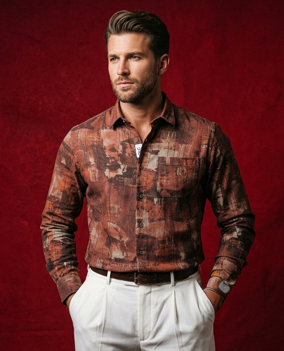 Brown colour shirt designed with multicolour print on body, adored with full sleeve.