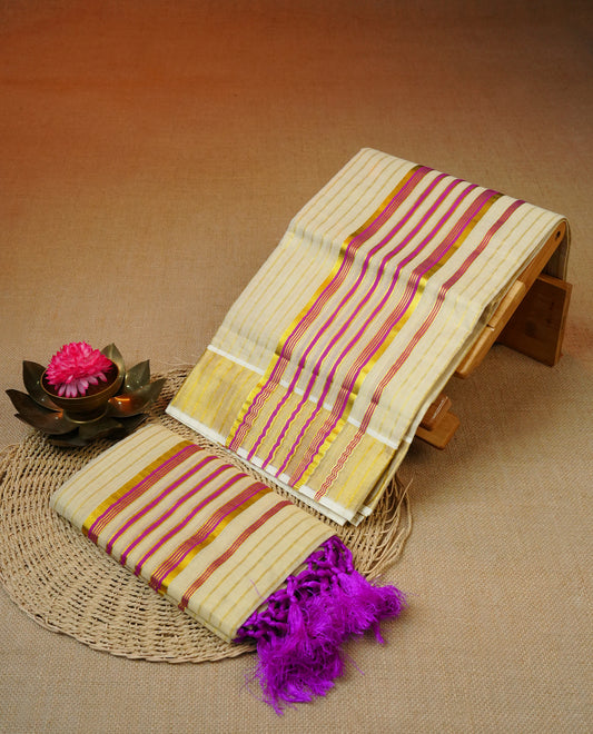 Light Gold Tissue set mundu featuring Gold zari strips on body, pink & gold striped kara.