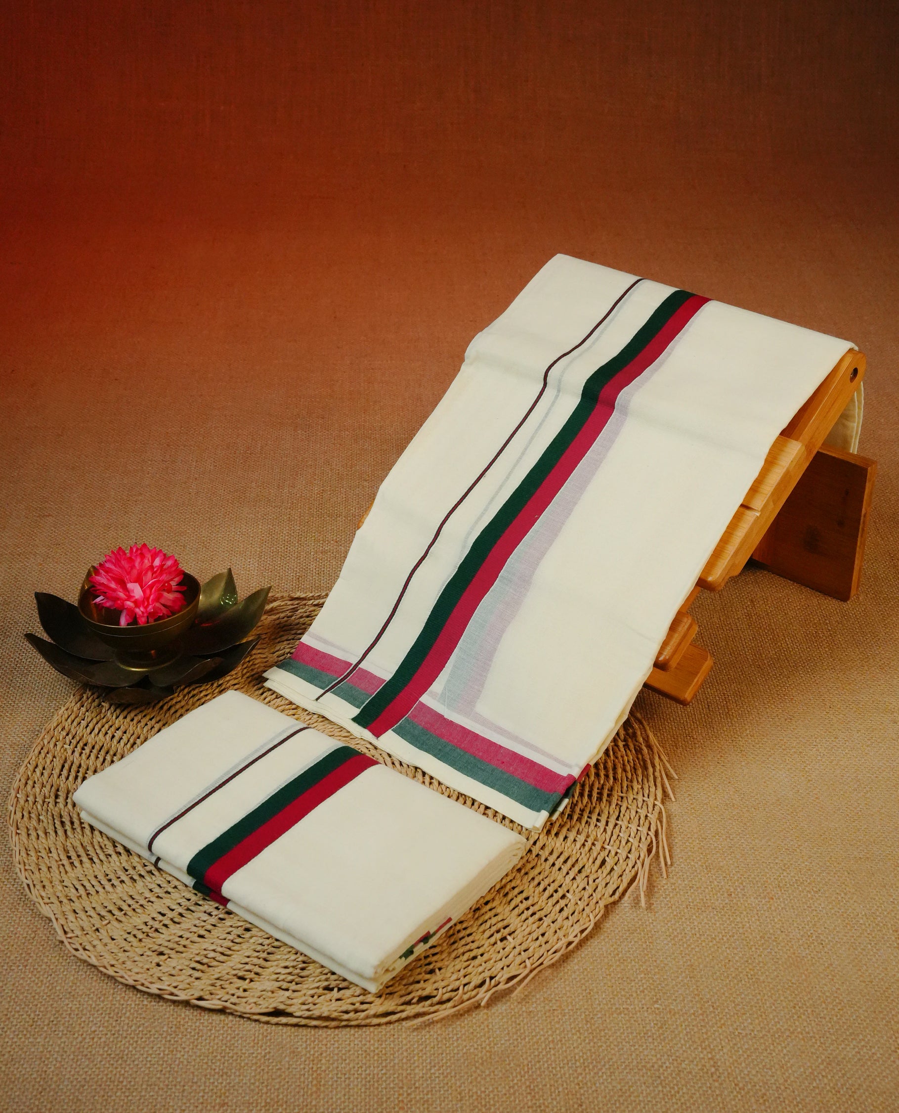 Cream colour Cotton set mundu With plain body, enhance Red & Green colour kara.