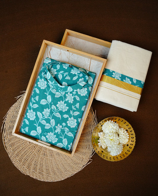 Teal Green Colour Floral Printed Half-Sleeve Shirt, Paired with a Cotton Double Dhoti Featuring Matching Prints.