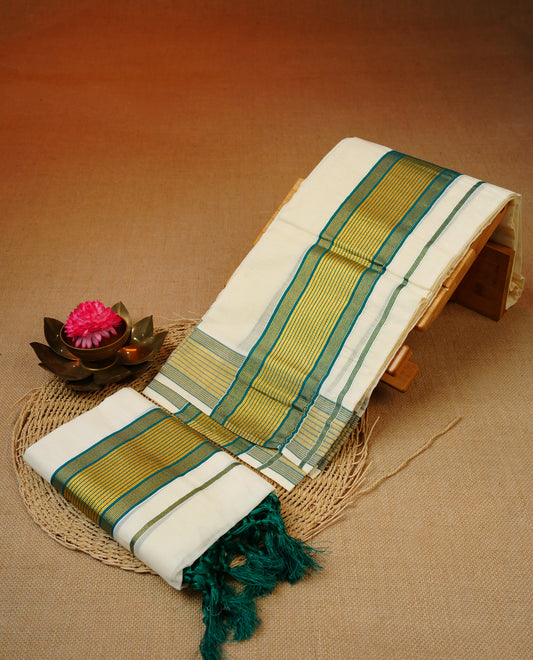Cream colour cotton set mundu featuring Green & Gold kasav kara.