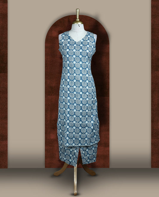 Greyish blue colour coord set crafted in soft fabric, featuring a sleeveless V neck top with geometric circular prints, paired with a matching straight fit bottom.