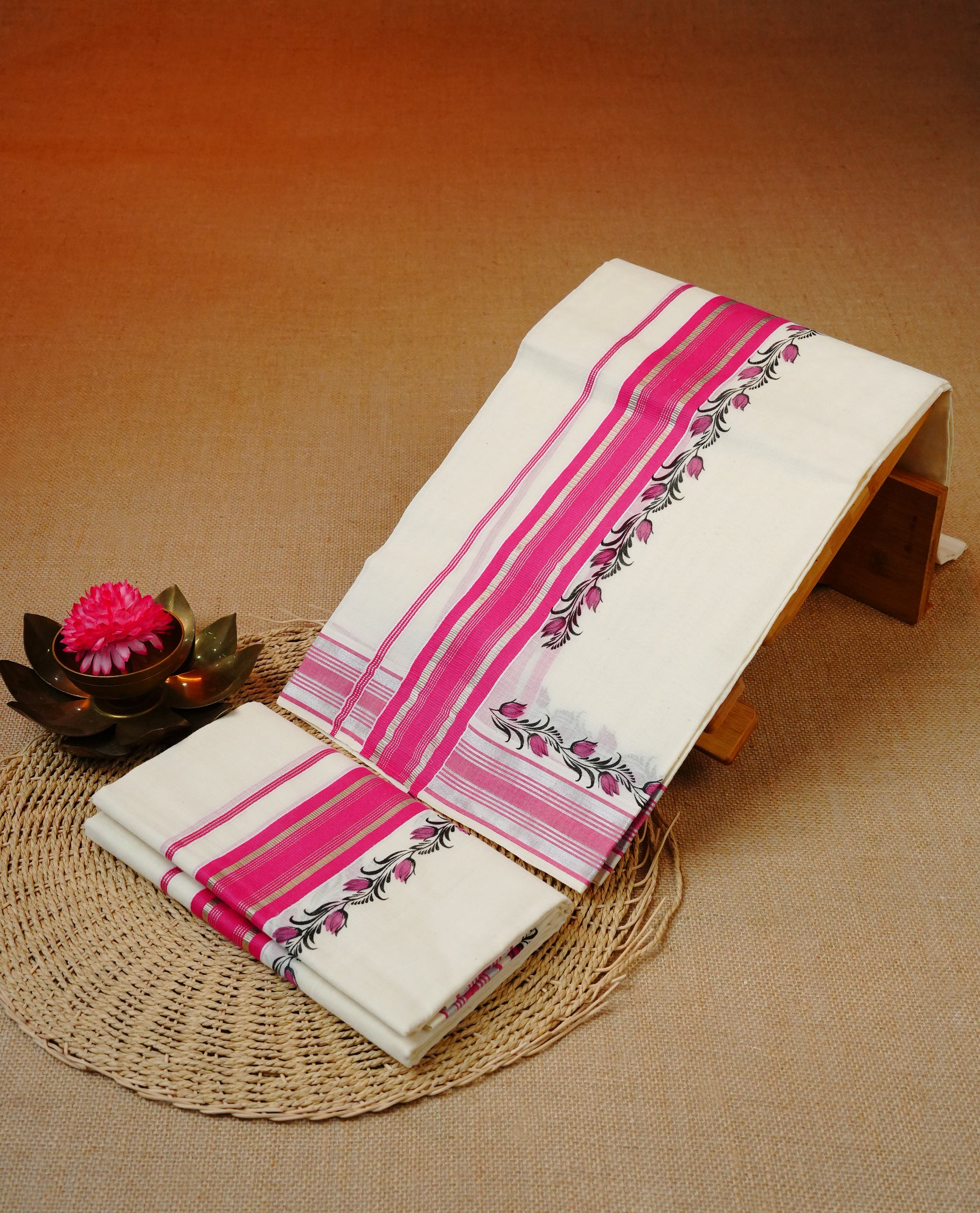 Cream colour cotton set mundu featuring Pink colour kara with print