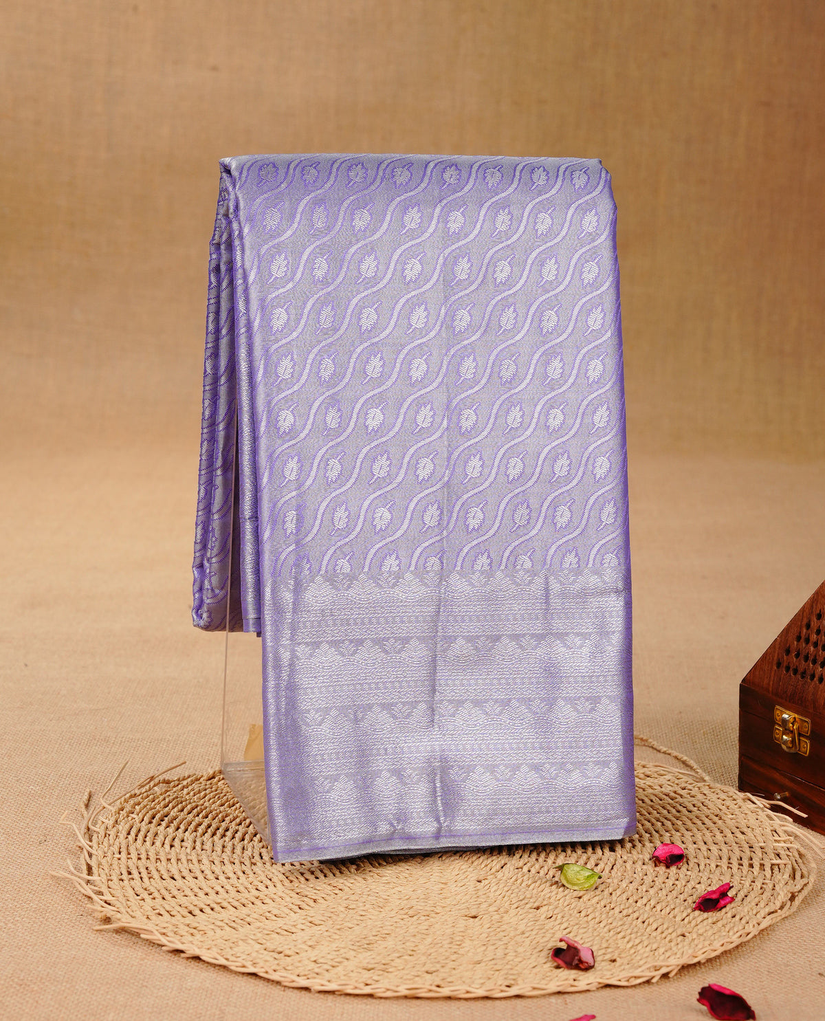 Lavender & Silver colour Double shade Semi tissue silk saree featuring self color kodi pattern on body, self colour with Fancy border, paired with matching.
