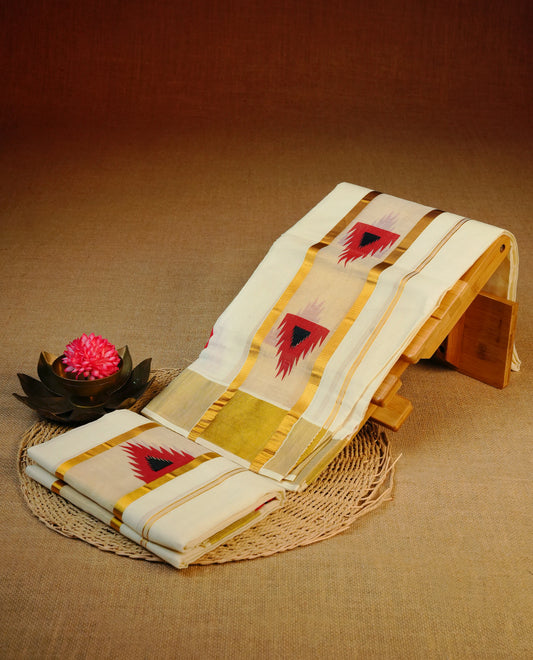 Cream colour cotton set mundu featuring simple Kasav with red temple print.