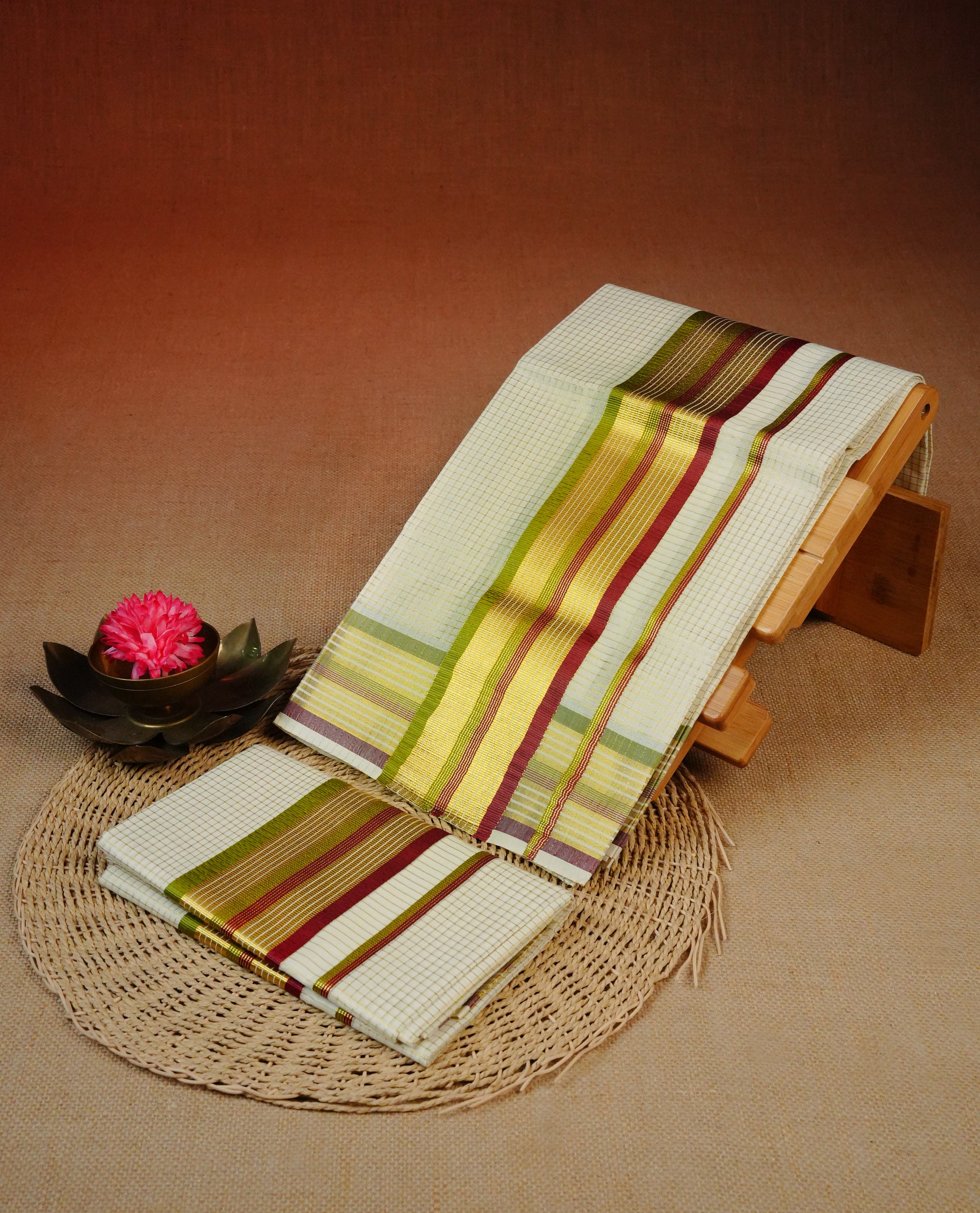 Cream colour Cotton set mundu With Gold zari small checks on body, enhance gold zari with Olive & Red kara.