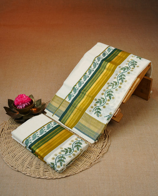 Cream colour cotton set mundu featuring gold kasav with Green & Olive kara leaf Kodi print.