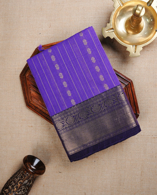 Violet colour chettinad cotton saree featuring Stripes  on body, complemented by Contrast Purple Colour With Gold Zari border, paired with matching blouse piece.
