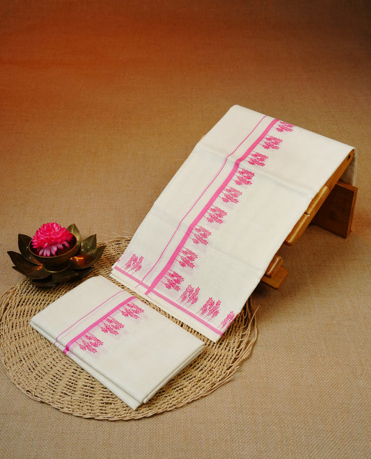 Cream colour cotton set mundu featuring Pink kara with print.