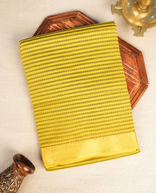 Yellow  Colour Mangalagiri cotton saree featuring elegant Grey stripes Across The Body , a Two Inch Gold  zari border & Gold Zari Pallu, Paired With a matching blouse piece.