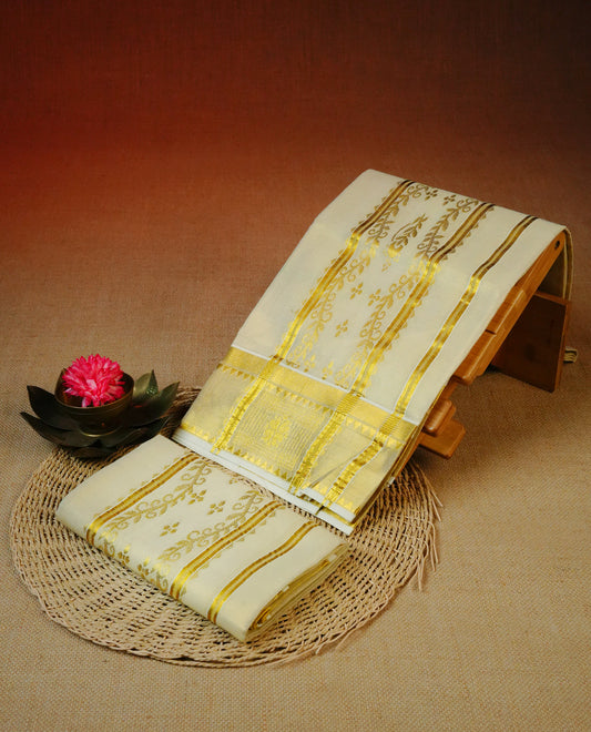 Cream tissue set mundu featuring a Plain body, enhanced with intricate gold zari detailing on the kara