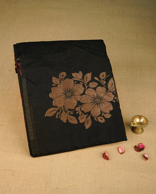Black colour semi linen saree with elegant gold zari floral motifs across the body, complemented by a Red colour with grand gold zari contrast pallu  and a borderless design, paired with a matching blouse piece.