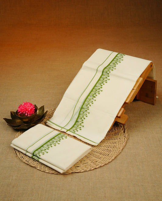 Cream colour cotton Set Mundu With Plain body, enhanced with Green with Printed kara.