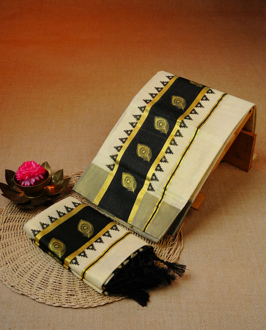 Light gold tissue set mundu featuring gold Peacock futher print on black & gold kara.