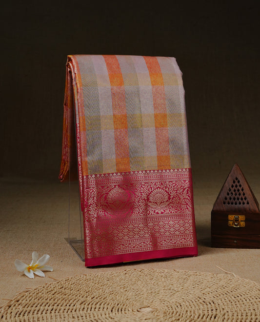 Light green, Orange & Yellow Colour Tissue Saree featuring Multi colour Check Design on body, complemented by contrast Magenta colour with Gold zari border, paired with matching blouse piece.
