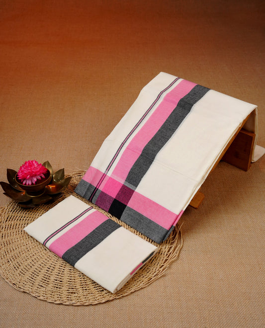Cream colour cotton set mundu featuring grey & pink kara.