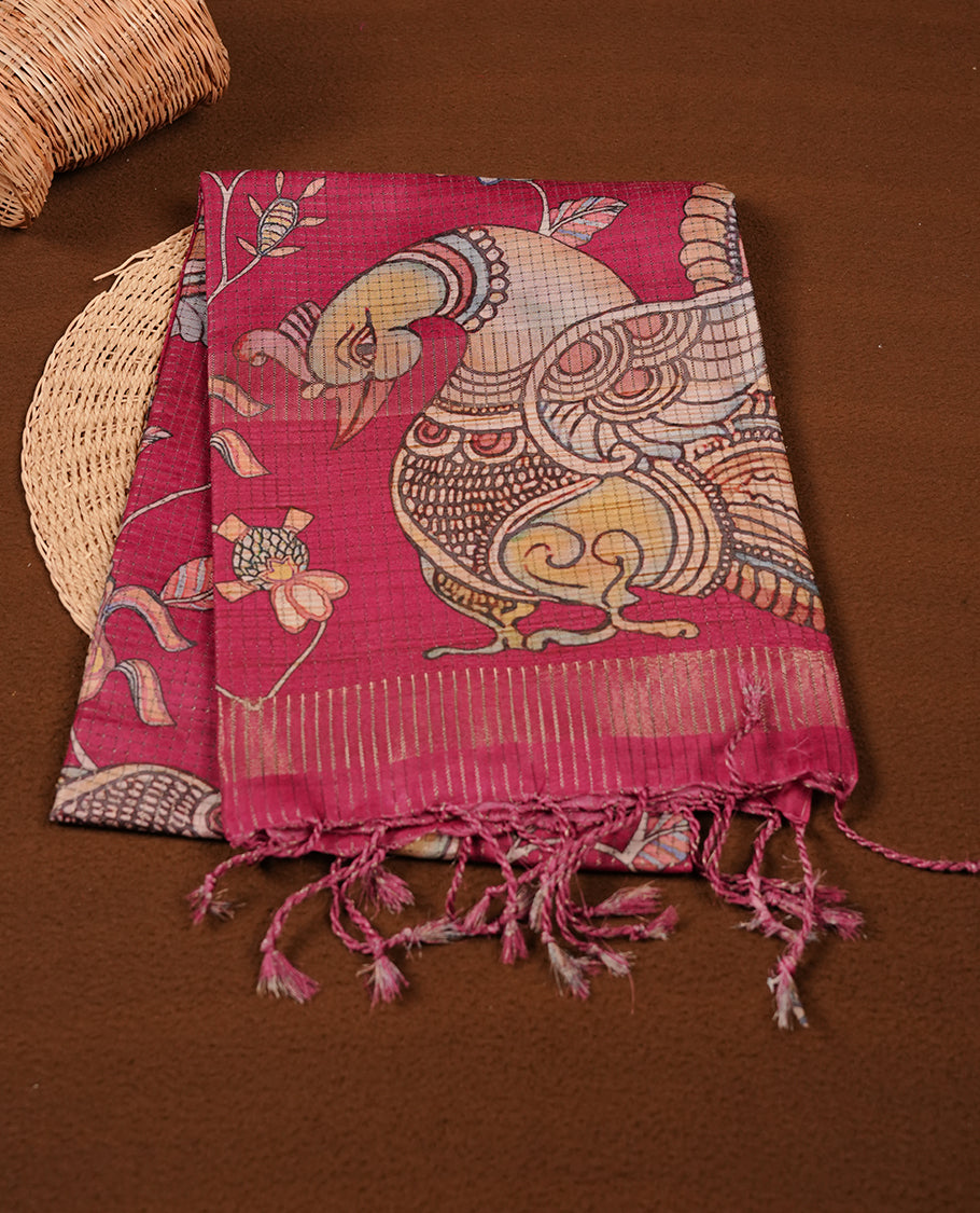 Dark Pink colour semi-tussar silk saree featuring intricate peacock motifs on the pallu, subtle zari check pattern across the body, floral vine prints throughout, finished with tassels and paired with a matching printed blouse piece.