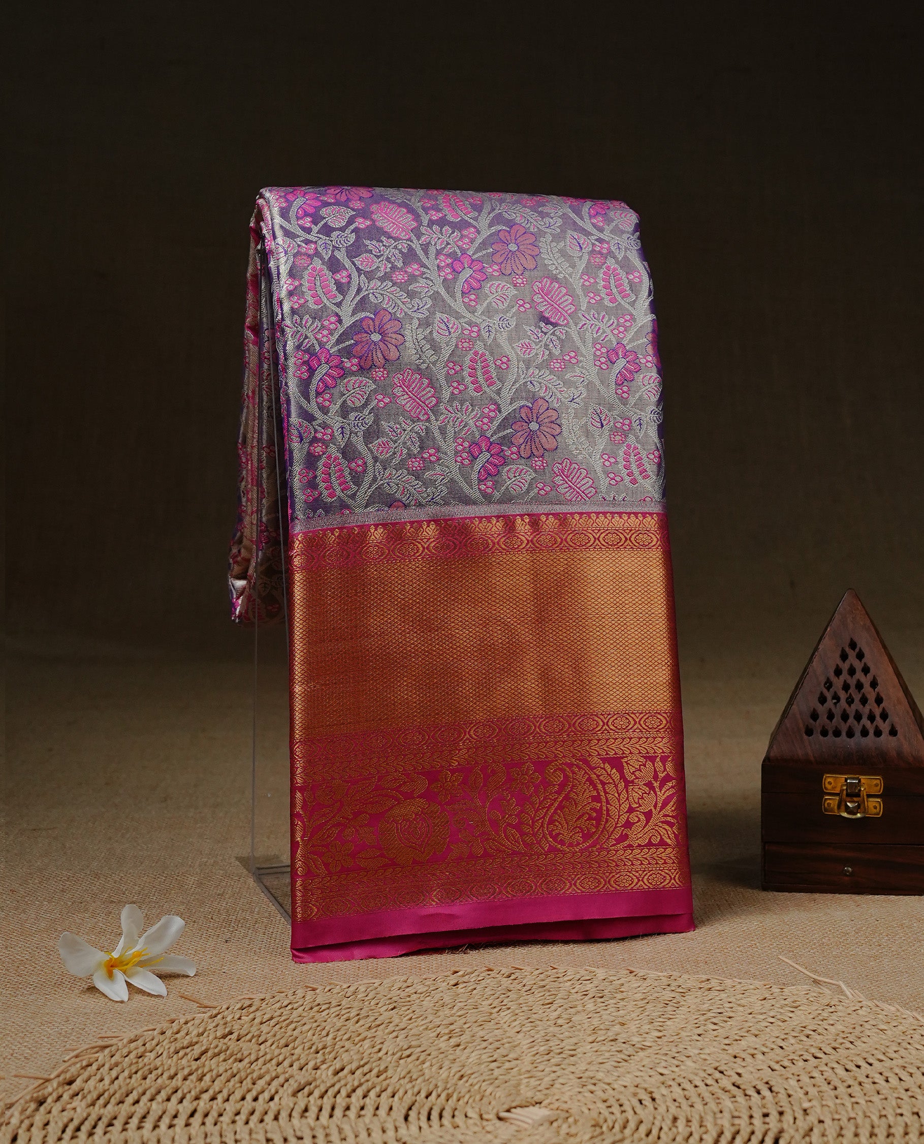 Blue & Silver double shade tissue silk saree Featuring Pink & Silver zari floral pattern on body, complemented by contrast Pink colour with traditional border, paired with matching blouse piece.