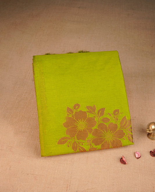 Light Green colour semi linen saree with elegant gold zari floral motifs across the body, complemented by a contrast  wine colour with grand gold zari pallu and a borderless design, paired with a matching blouse piece.