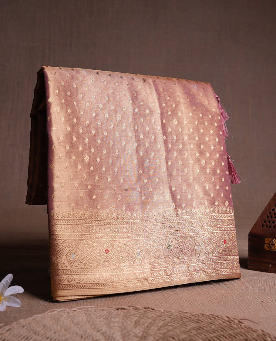 Pink & Gold double shade colour tissue banaras silk saree featuring antique gold zari motifs on the body with rich traditional zari border and pallu, paired with a matching blouse piece.