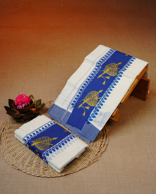Cream colour cotton set mundu featuring Blue kara with Gold Leaf with flute print.