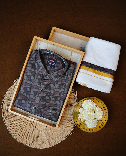 Greyish Green Colour Full-Sleeve Shirt with Digital Prints, Paired with a Cotton Double Dhoti Featuring Matching Prints.