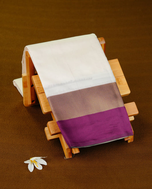 Off White colour soft silk saree with contrast Purple border.