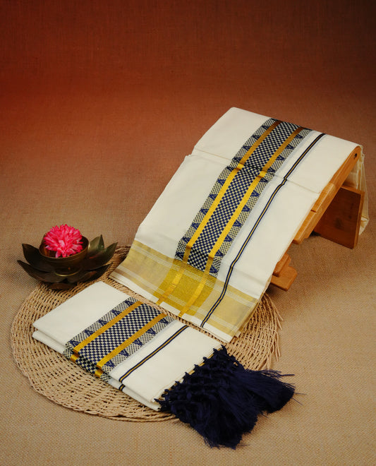 Cream colour Cotton set mundu With plain body, enhance gold zari with blue Temple & box Pattern kara.