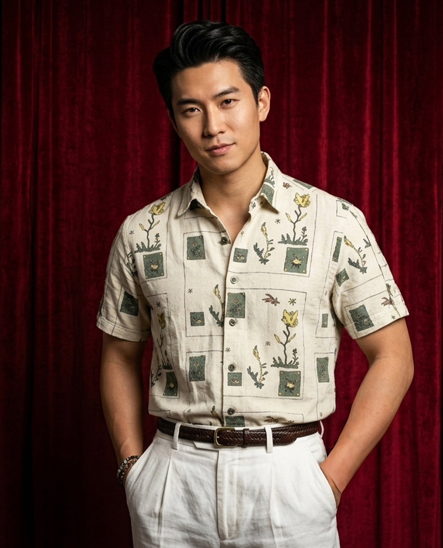 Beige colour shirt designed with leaf & geometric print on body, Half sleeve