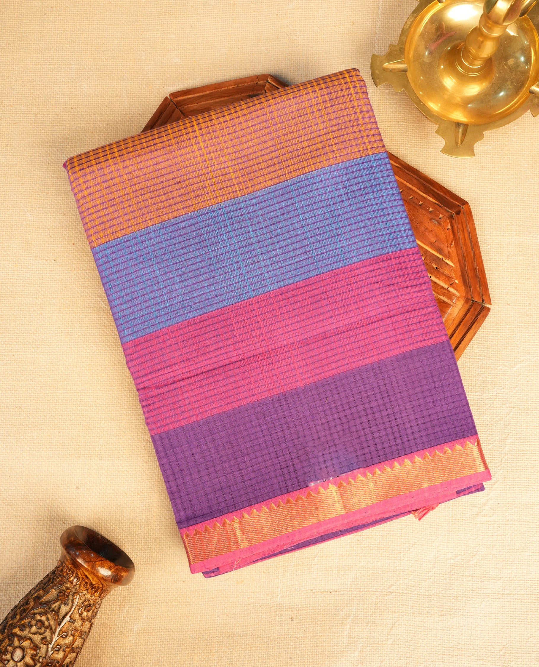 Purple and Onion Mangalagiri cotton saree featuring a subtle Striped  body, vibrant multicolour Onside Border & pallu, antique zari border. Comes with a matching blouse piece