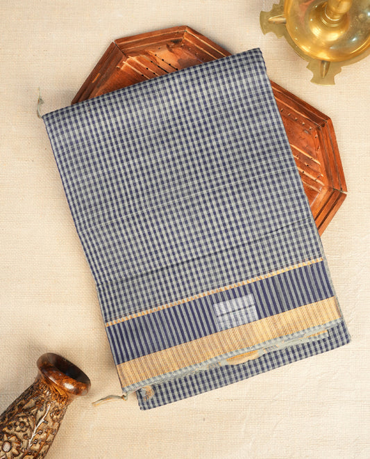 Blue and Grey colour Mangalagiri cotton saree with a classic checked body, contrast striped Gold zari border & Pallu, Paired  with a matching blouse piece