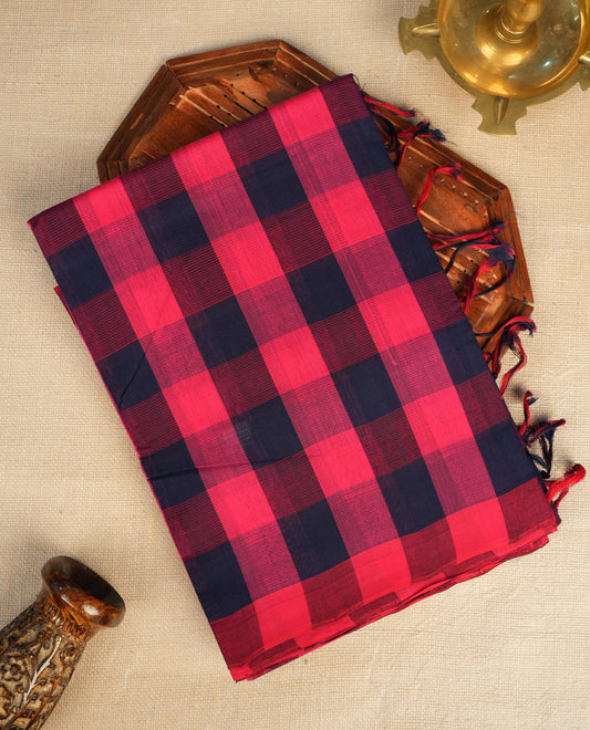 Navy Blue and Pink checked Mangalagiri cotton saree Featuring Self Coloured Border ,With Striped  pallu, Paired With A matching blouse piece.