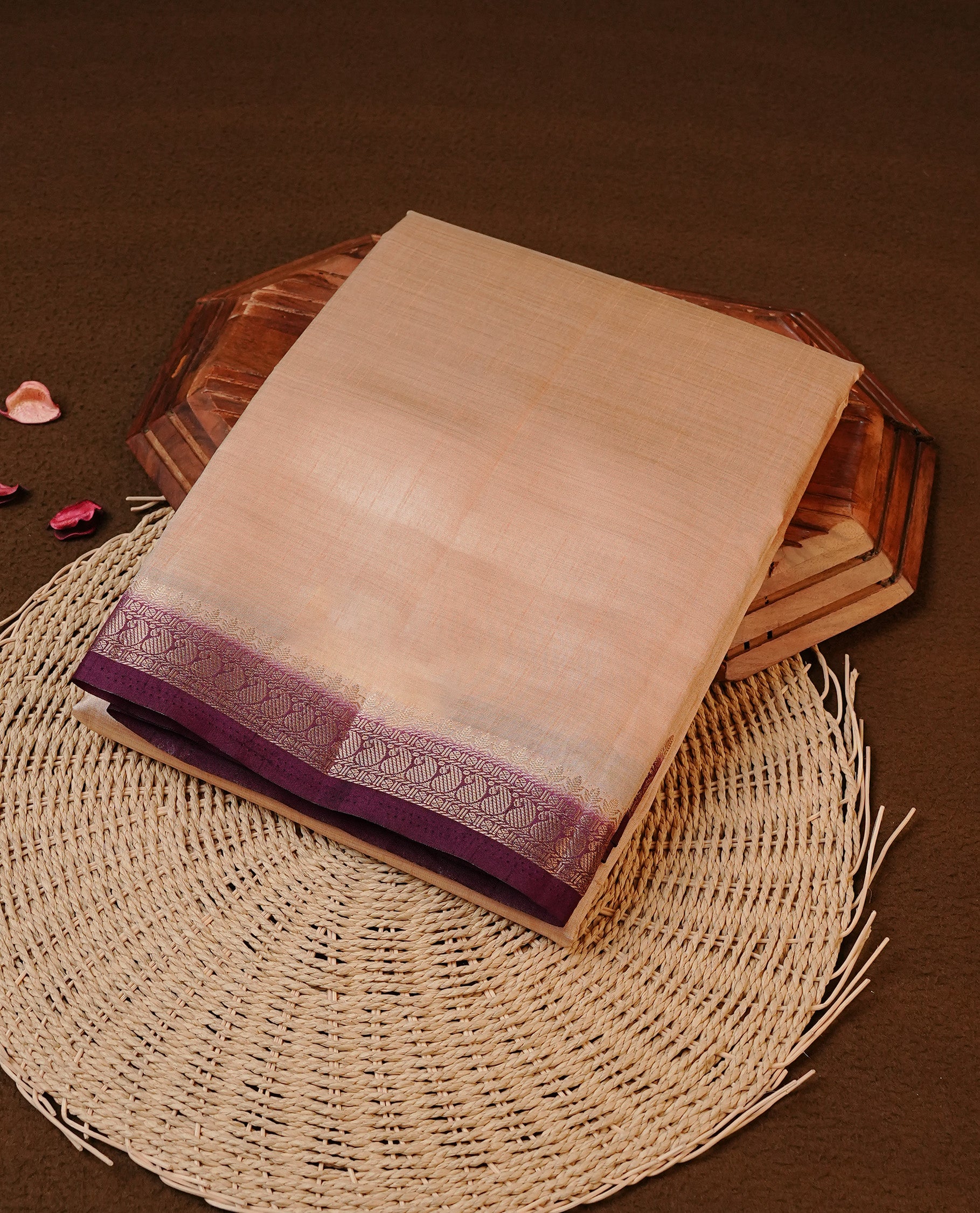 Cream colour Tussar silk saree Featuring Elegant Plain body, complemented by Contrast Maroon colour with gold zari border, paired with matching blouse piece.