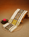 Cream colour Cotton set mundu With plain body, enhance gold zari with Chocolate colour design kara.