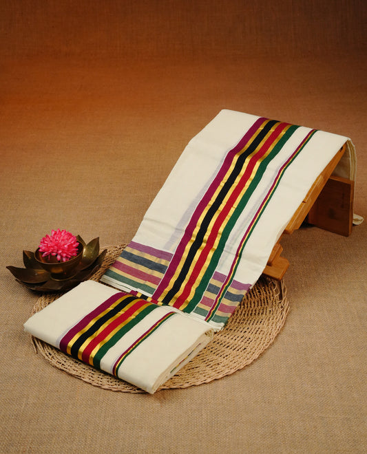 Cream colour Cotton set mundu With plain body, enhance gold zari with Green, red, black colour strip kara.