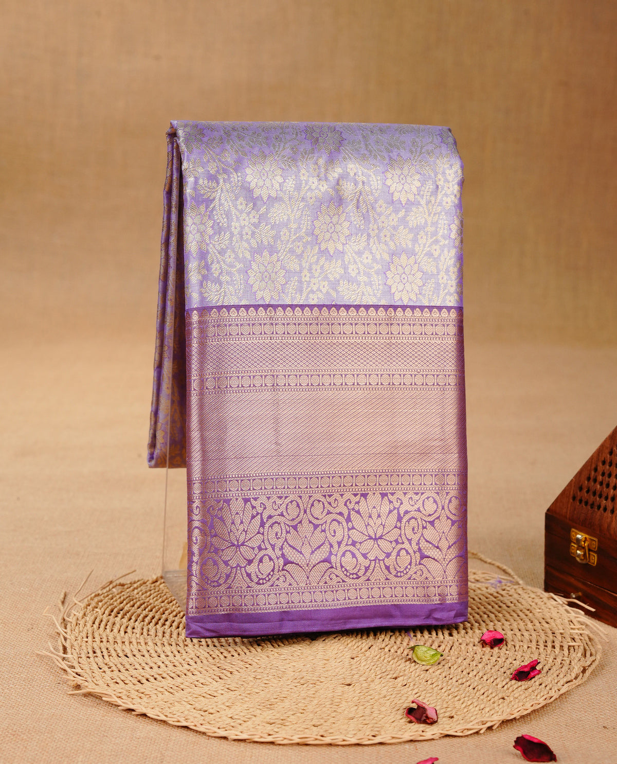 Lavender & Silver colour Double shade Semi tissue silk saree featuring self color Floral pattern on body, Contrast Lavender  colour with Fancy border, paired with matching.