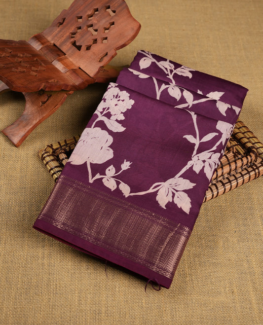 Grape Purple colour Viscos semi printed saree featuring a light golden zari border, abstract off white printed motifs on the body, and comes with a matching blouse