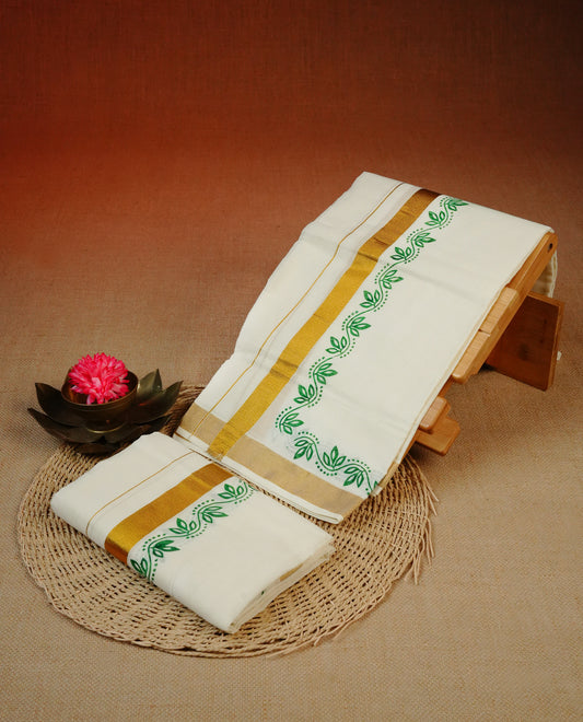 Cream colour cotton set mundu featuring Elegant plain body, complemented by green colour floral kodi print with gold zari kara.