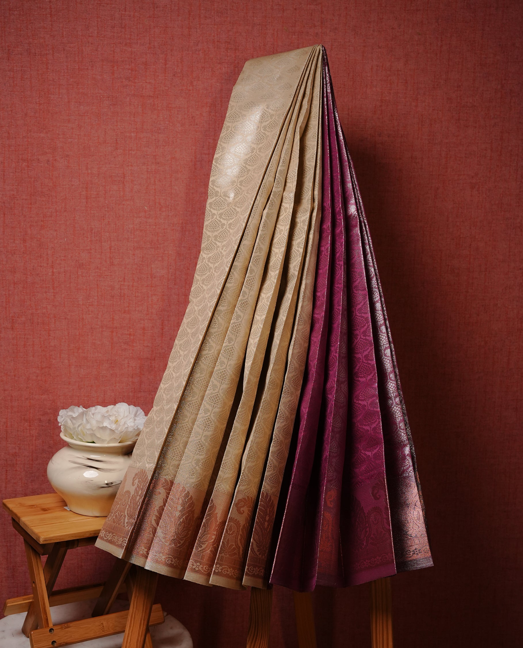 Cream colour Semi silk saree Featuring gold zari motifs on body, complemented by Self colour with Rose gold zari border, paired with matching blouse piece.